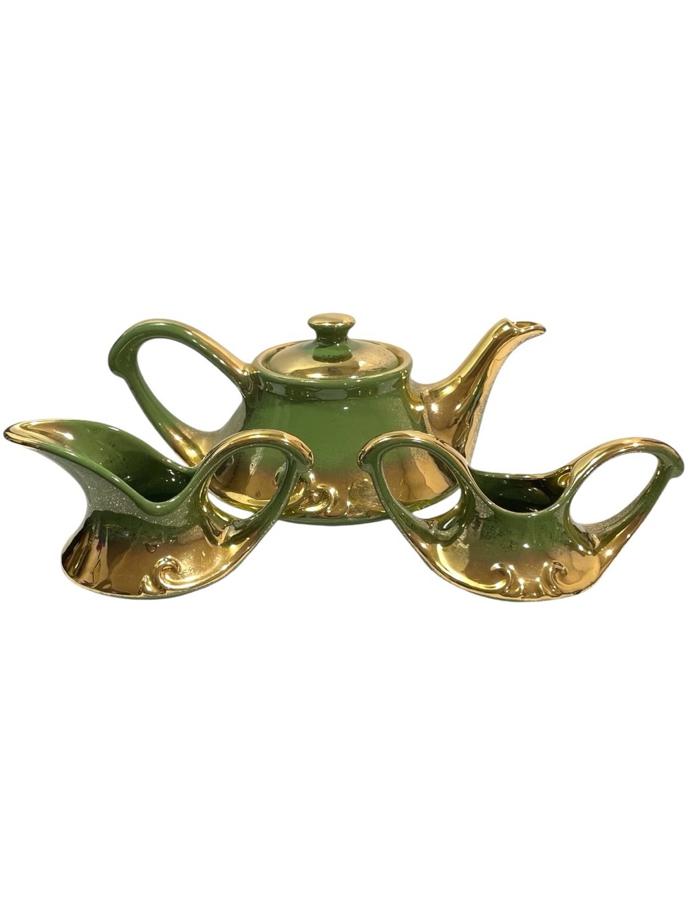 Vintage 1940s Pearl China Co Aladdin Teapot, Sugar and Creamer Set Avocado Green